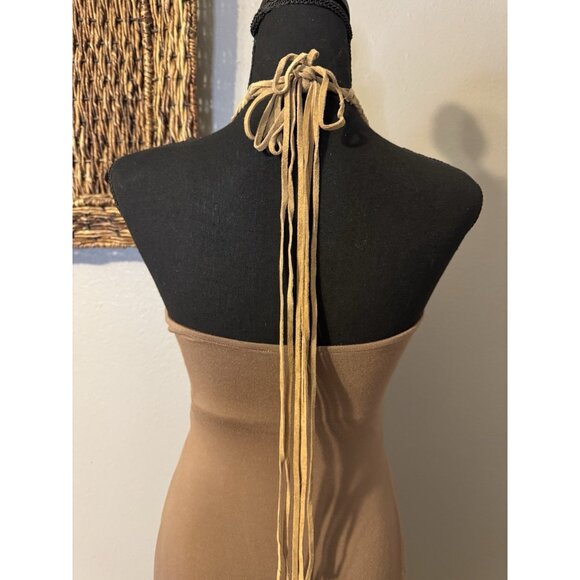 SKY Brand Maxi Dress M Soft Brown Suede Braid Trim Stretch Long NEW - Picture 7 of 12